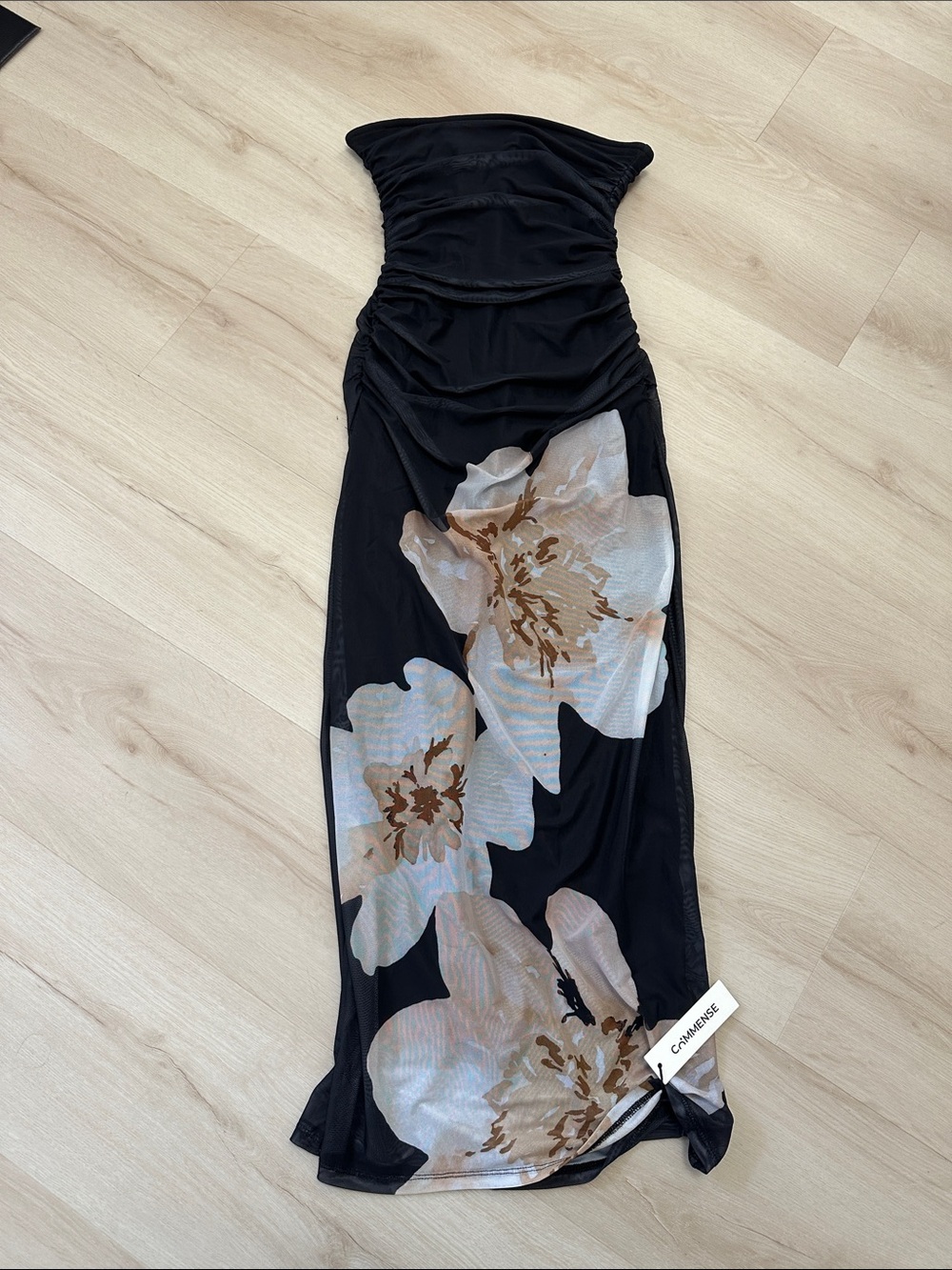 Commense Strapless Black Maxi Dress with Neutral Floral Motif
